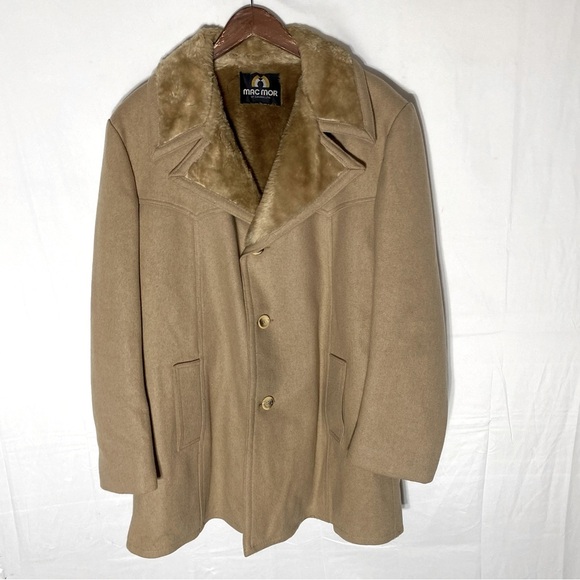 Vintage Mac Mor Tan Wool Pea Coat W Soft Sherpa Lining & Collar XXL - Picture 16 of 16